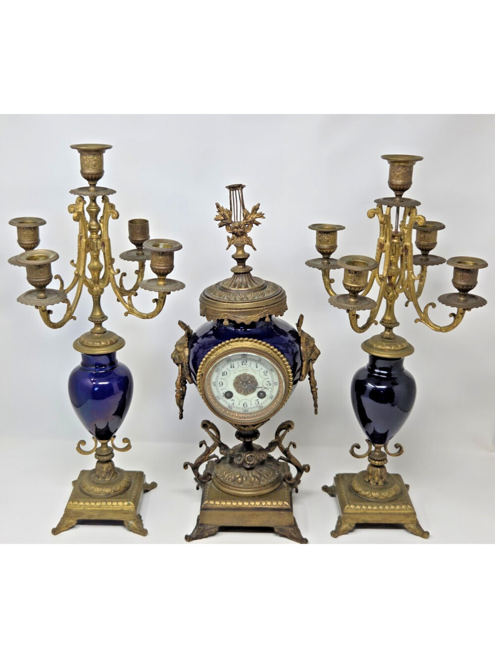 Antique L. Marti Et Cie Medaille De Bronze Clock Set With Cobalt Blue And Gilt